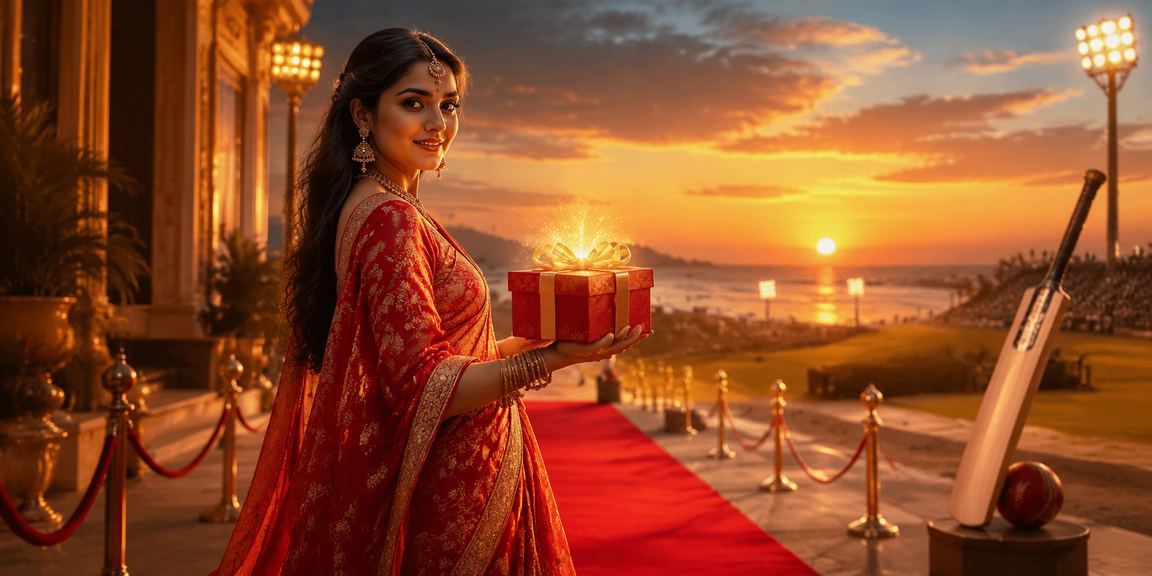 Indian woman enjoying cricket betting on mobile at sunset in Chennai